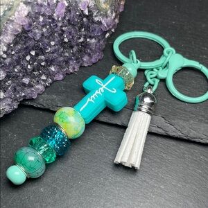 Artisan Teal Cross Tassel Keychain